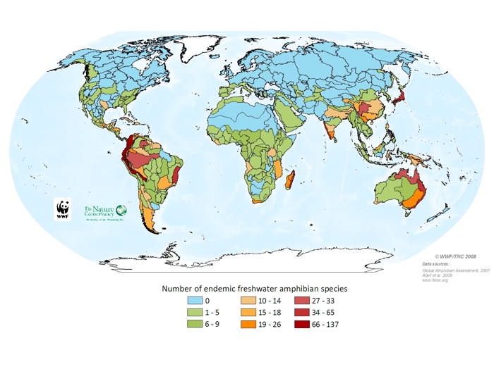 Number of endemic freshwater amphibian species