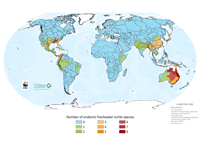 Number of endemic freshwater turtle species